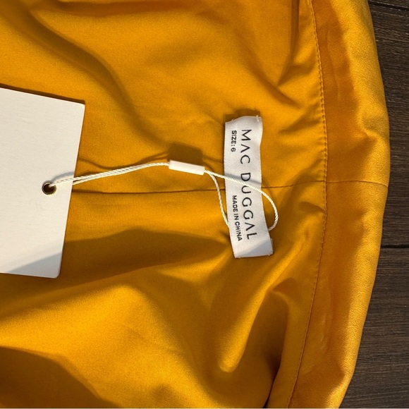 Mac Duggal Satin Wrap Mini Dress • Gold Mustard Long Sleeve Fit & Flare • Size 6 - Picture 12 of 16